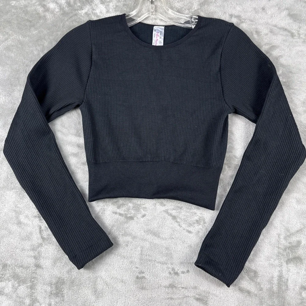 Bella Movement Womens Ribbed Long Sleeve Crop Top Black Crew Neck FR-501 S/M